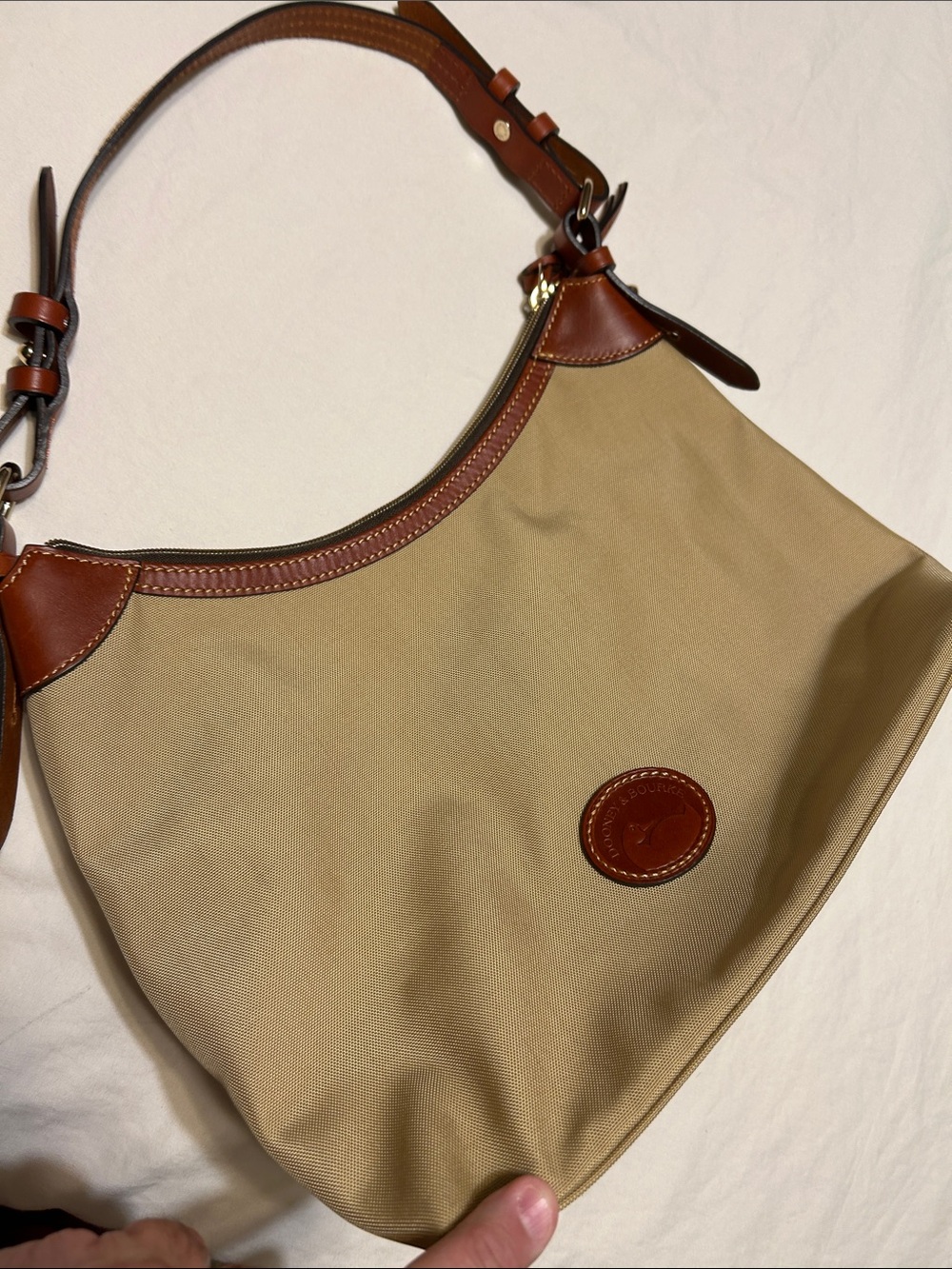 Dooney & Bourke Tan Canvas Shoulder Bag with Brown Leather Trim